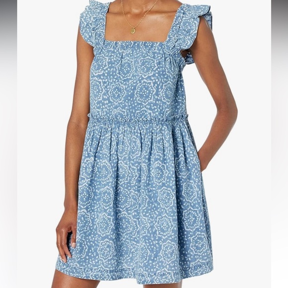 Madewell Small Marnay Flutter Sleeve Square Neck Easy Mini Dress in Blue & White - Picture 1 of 5